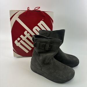 FitFlop Superboot Short Smoke Gray Suede Pull On Buckle Comfort Toning Womens 7